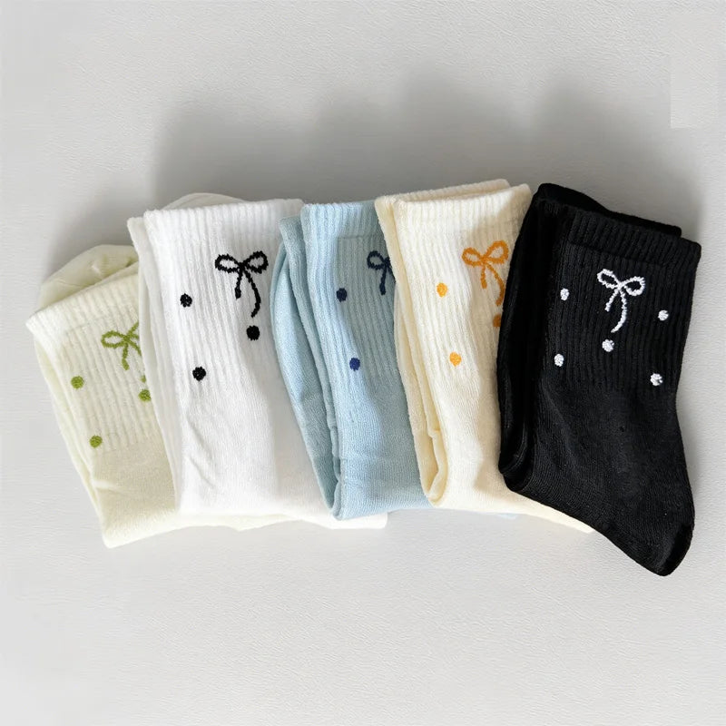 5 pairs Women Cute Polka Dot Bowknot Crew Socks Sweet Kawaii Japanese Style Cotton Mid Calf Socks Girls Casual Breathable - Ice Cream Cake