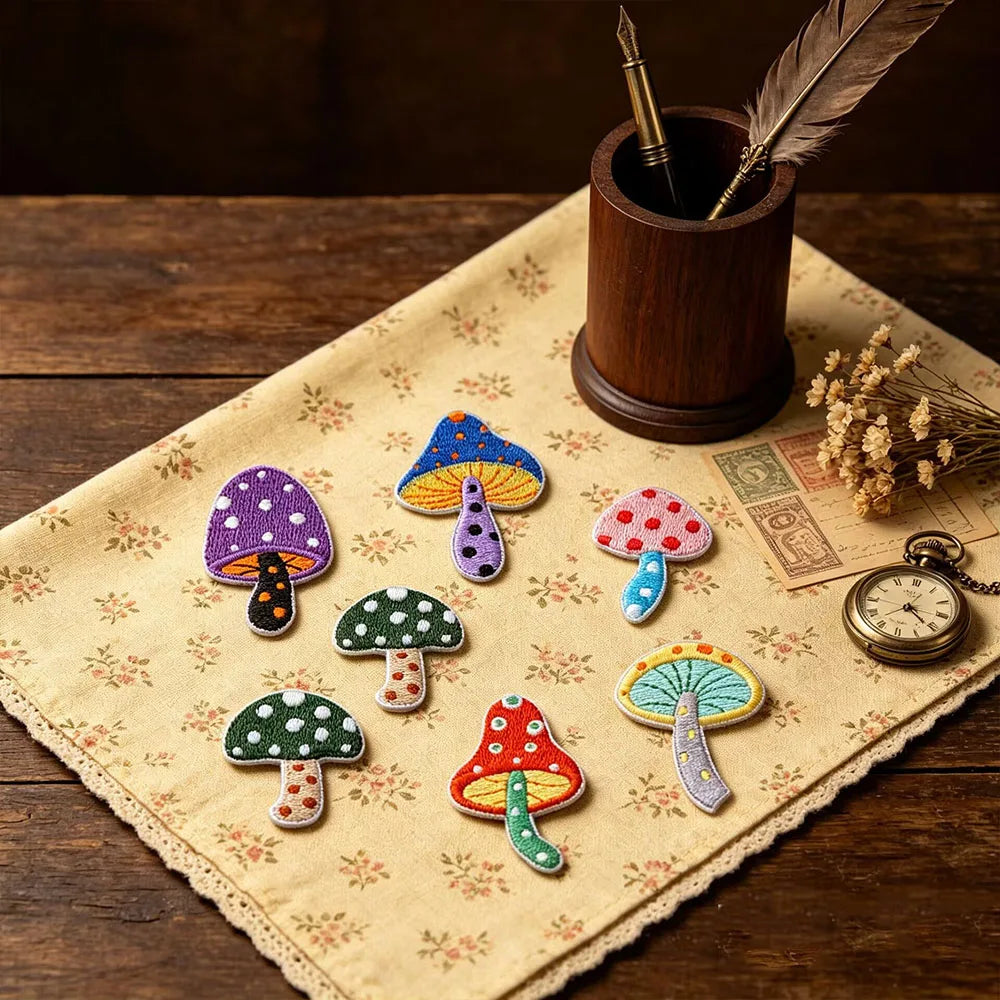 A set of colorful mushroom-shaped patches arranged on a vintage floral table mat, surrounded by styled desk props including a wooden pen holder with a feather quill, a pocket watch, and dried flowers.