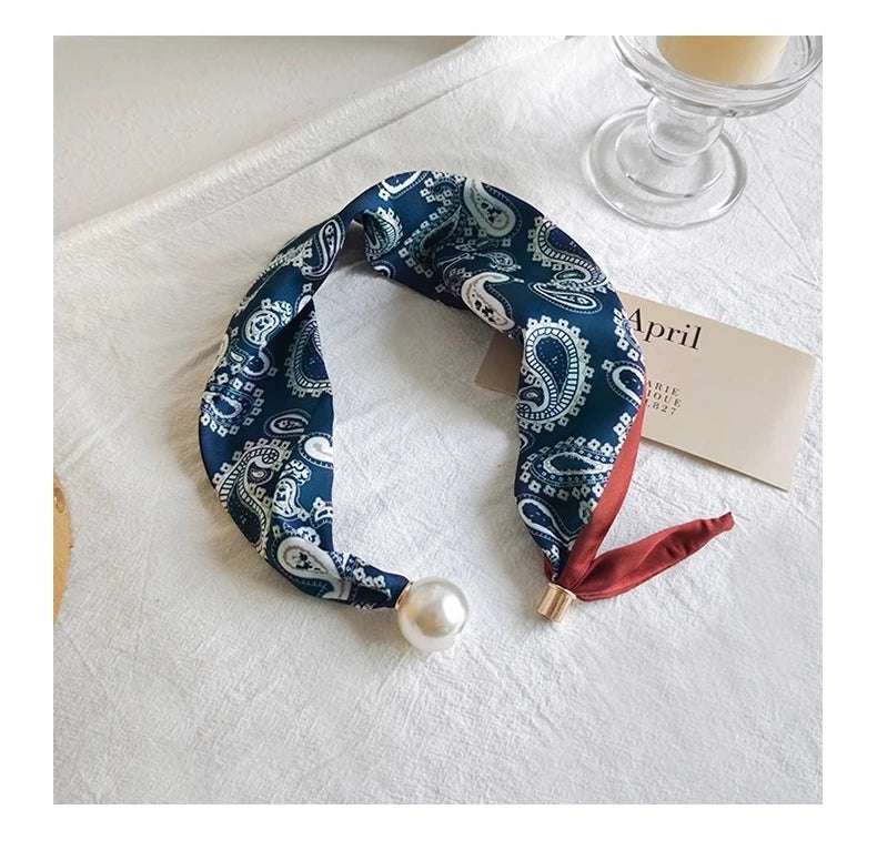Spring Summer Thin Pearl Silk Scarves Magnetic Buckle Lazy Scarf Women Girls Sweet Elegant Pendant Collarbone Chain Neck Scarf - Ice Cream Cake