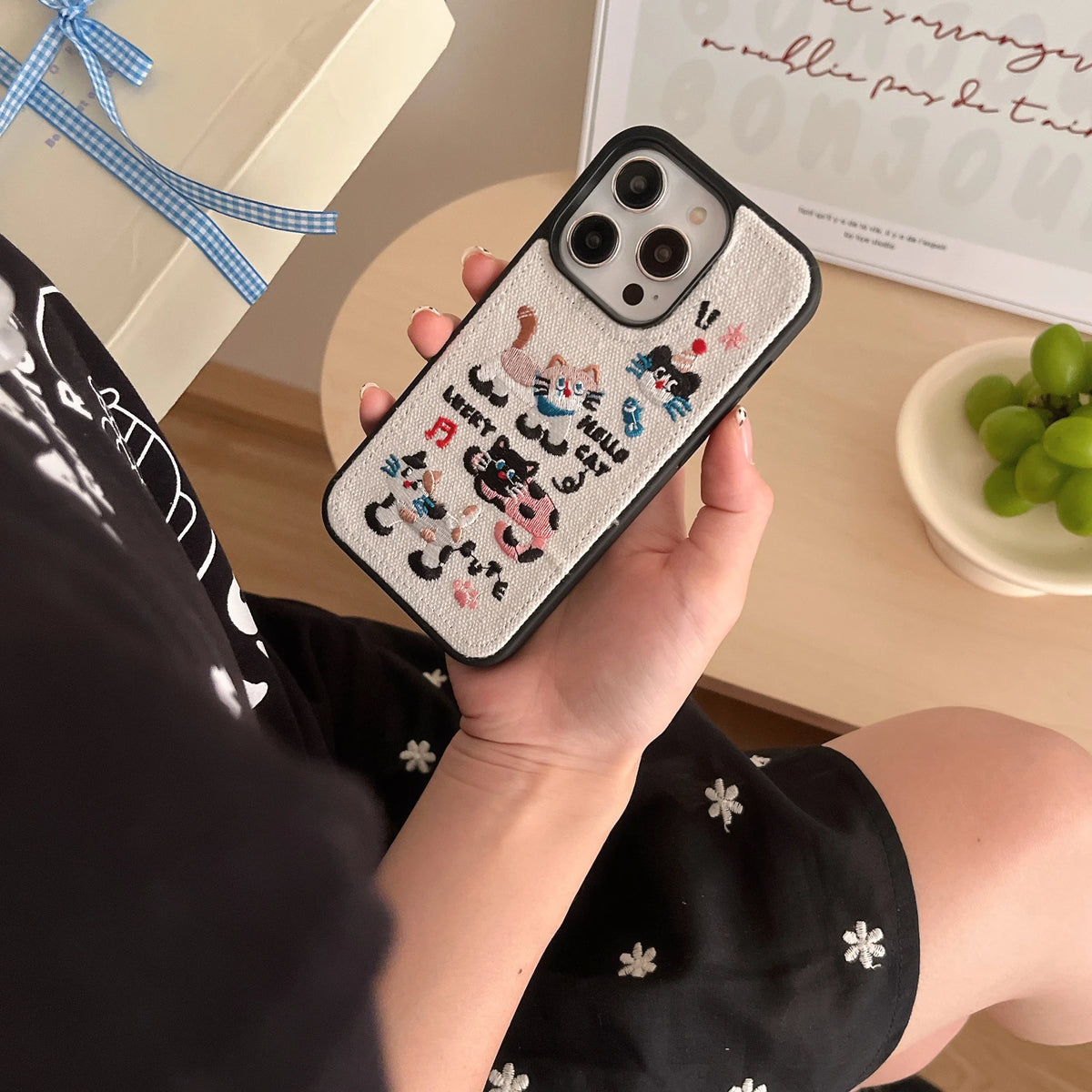 Kitty Cat Embroidery iPhone Case