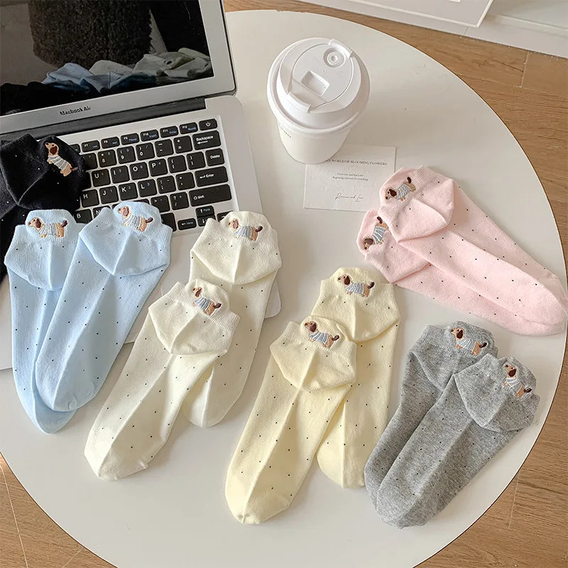 Spring Summer Thin Women Short Socks Polka Dots Cute Cartoon Sausage Dog Embroidery Boat Socks Pure Cotton Short Trendy Socks - Ice Cream Cake