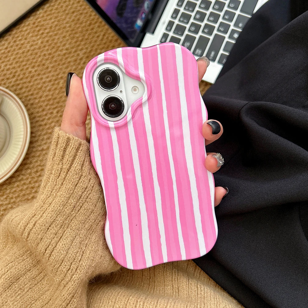 Fashion 2 in 1 Artistic Stripes Phone Case for iPhone 13 14 15 16 17 Pro Max Wave Edges Comfortable Touch Hard Slim Back Cover - Ice Cream Cake
