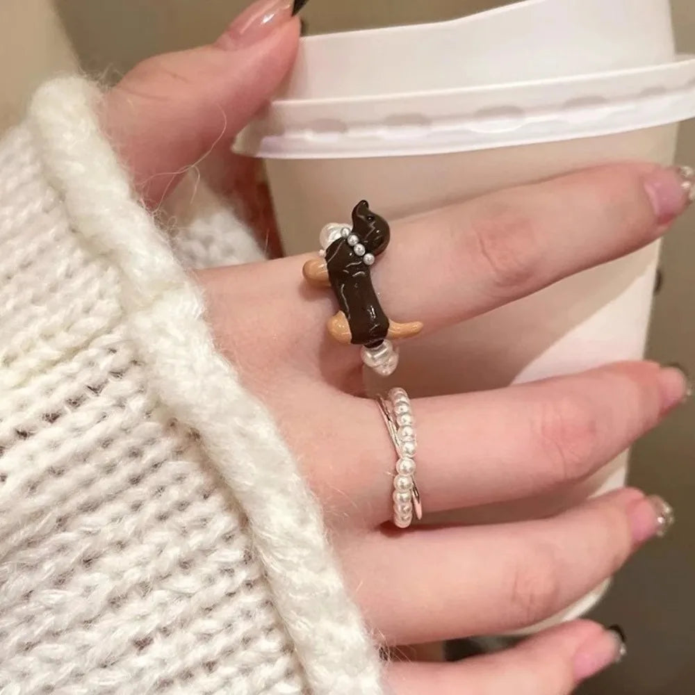 Sausage Dog Faux Pearl Charm Ring