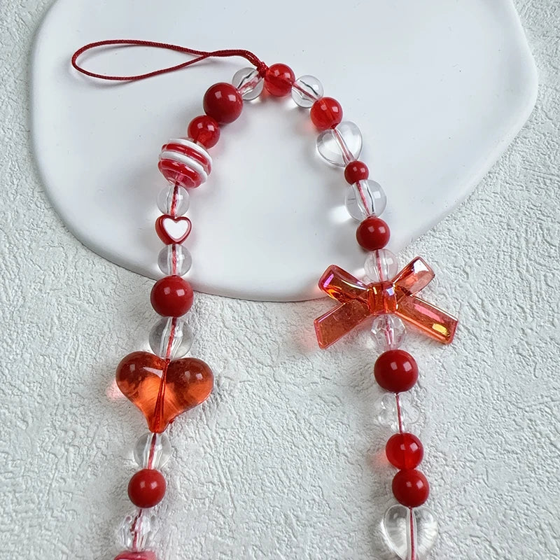 Ribbon and Heart Coquette Beaded Wrist Strap