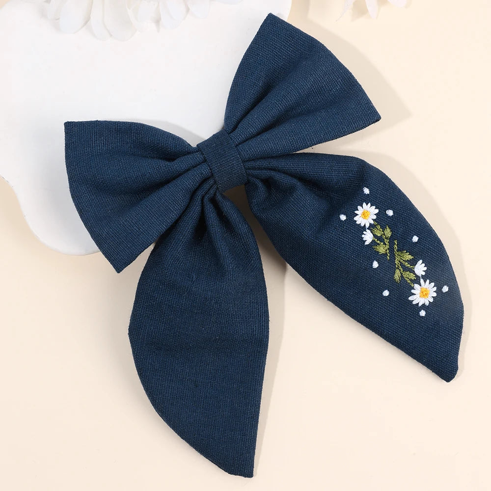 Daisy Embroidery Hair Ribbon Bow Clip