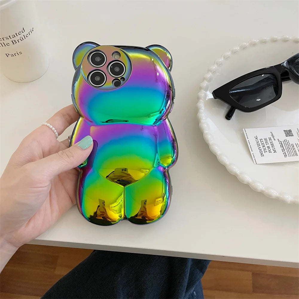Ins Cute 3D Aurora Cartoon Bear Case For iPhone 11 13 12 14 15 16 17 Pro Max Plus Air Colorful Laser Rainbow Gradient Soft Cover - Ice Cream Cake