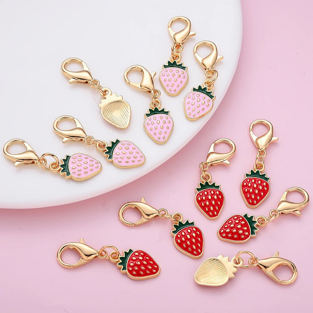 12PCS Golden Alloy Enamel Strawberry Charms - 3.3cm Random Mixed Color DIY Jewelry Accessories for Keychains, Bags & Pendants - Ice Cream Cake