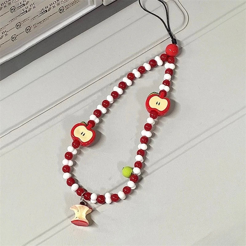 Korean Cute Apple Pearl Beaded Phone Chain Keychain Sweet Girl Bracelet Anti-Lost Phone Charm Lanyard For iPhone Samsung Camera - Ice Cream Cake