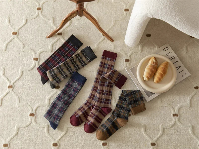Plaid Long Socks Stocking Women Stockings Harajuku Retro Vintage JK School Girls Cotton Knee Socks Women Stockings College Style - Ice Cream Cake