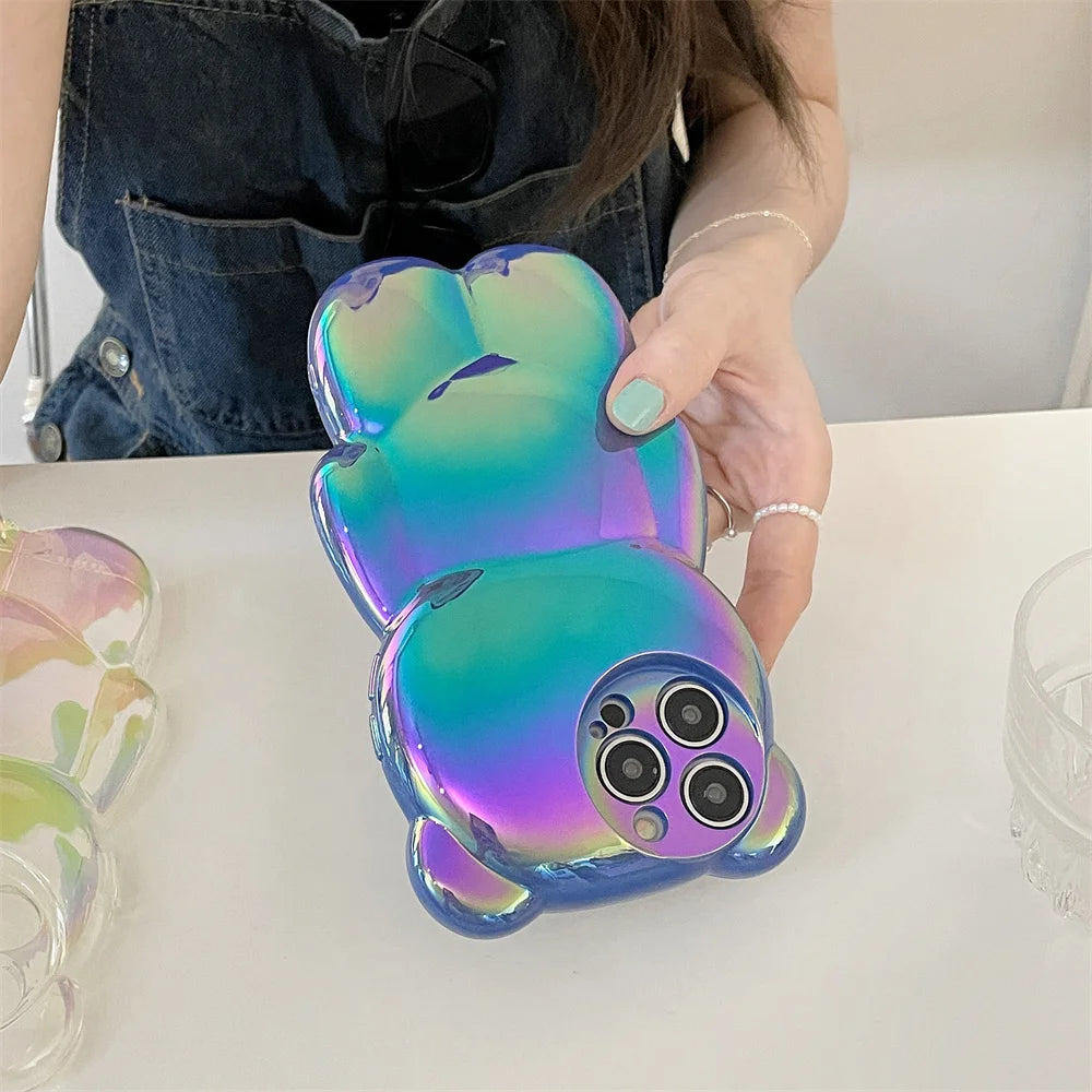 Ins Cute 3D Aurora Cartoon Bear Case For iPhone 11 13 12 14 15 16 17 Pro Max Plus Air Colorful Laser Rainbow Gradient Soft Cover - Ice Cream Cake