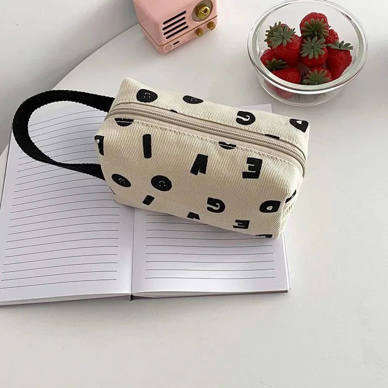 Letters Print Women Canvas Cosmetic Bags Cotton Cloth Make Up Bag Pouch Little Handbag Clutch Travel Organizer Case For Girls - Ice Cream Cake