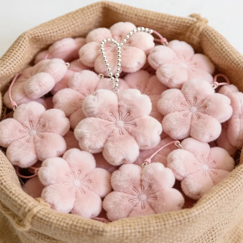 A basket filled with soft pink cherry blossom flower charms, with a silver beaded keychain resting on top.