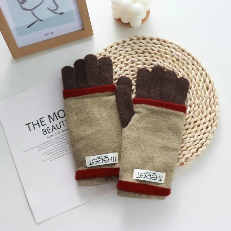 Thickened Leaky Finger Korean Style Ladies Dual-Use Color Matching Knitted Fashion Touch Screen Finger Knitting Wool Gloves - Ice Cream Cake