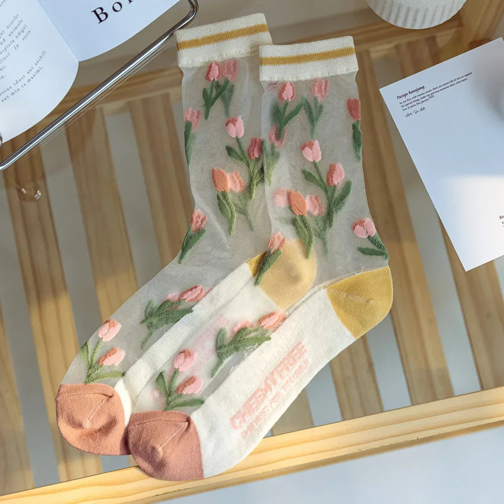 Transparent Floral Crew Socks