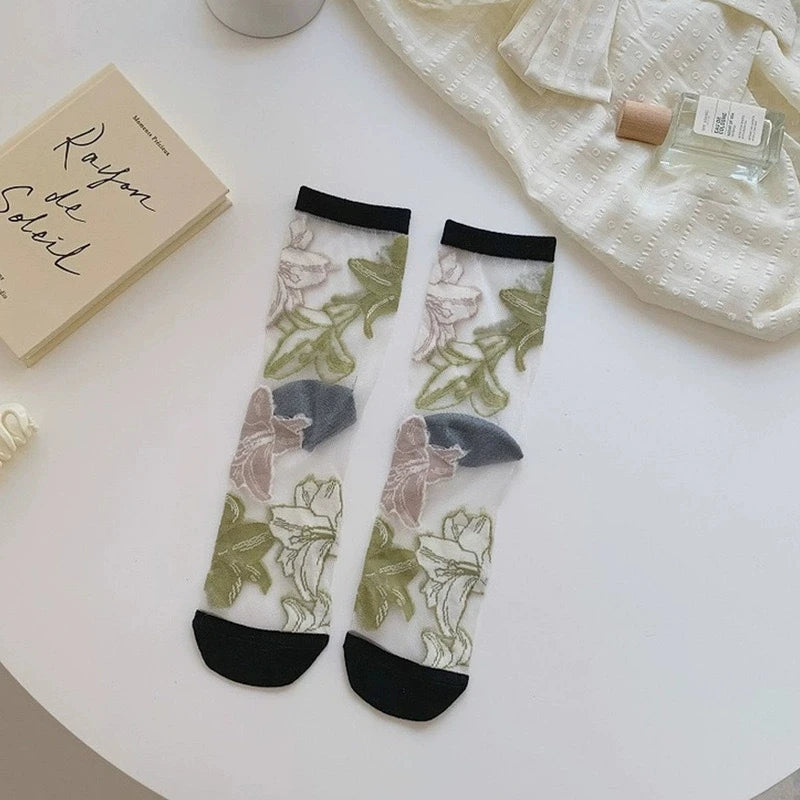 Transparent Floral Crew Socks