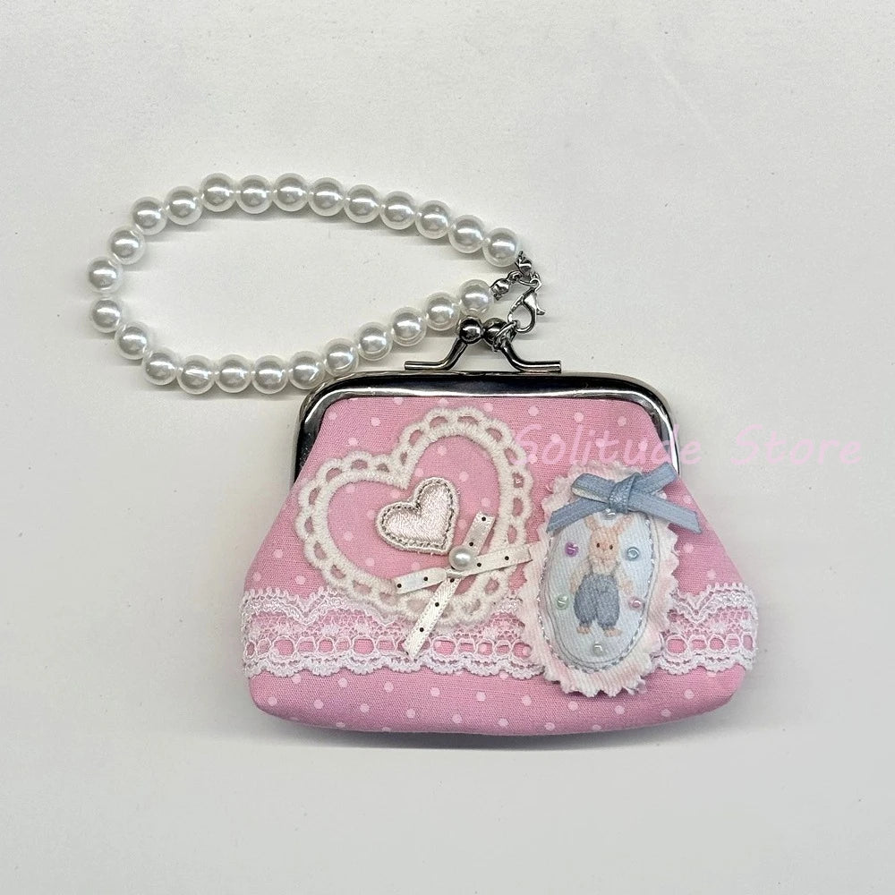 Cute Y2k Coin Purses Lady Small Wallet Wave Dot Handmade Lace Showa Rose Vintage Bag Hanging Pendant Earphone Bag Wallet - Ice Cream Cake
