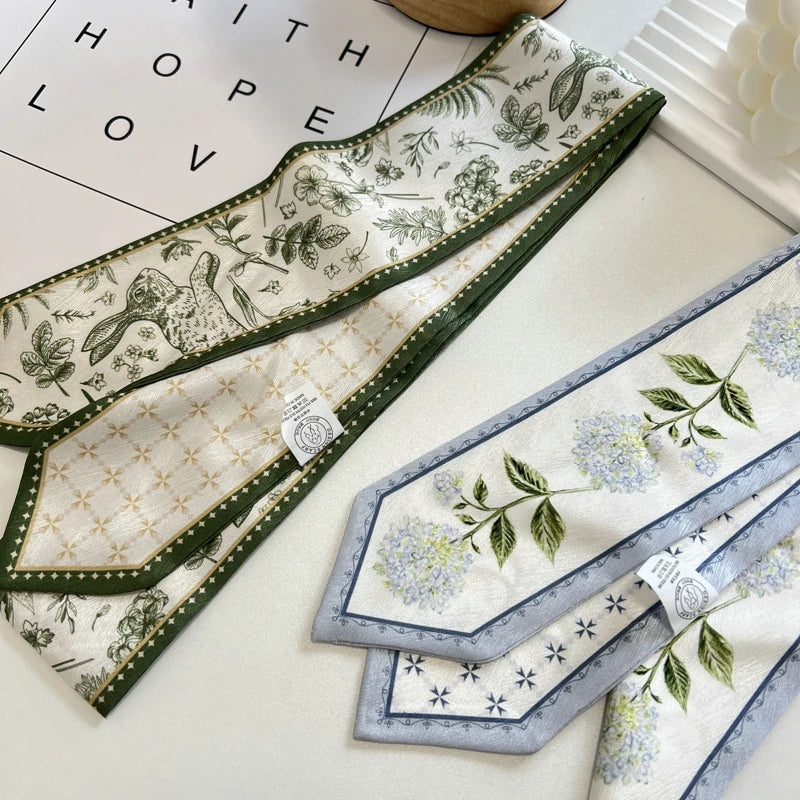 High-Grade Flower Print Long Silk Scarf Hair Band Ribbon Tied-up Hair Long Bow Vintage Satin Ribbon Hair Accessories For Women - Ice Cream Cake