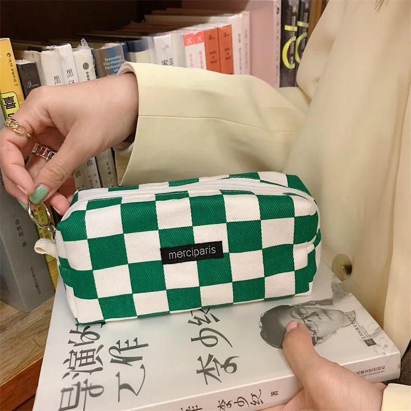 Korean Fashion Plaid Travel Makeup Kits Cosmetic Storage Bag Women Handbags Wallet Organizer Cute School Pencil Cases Pouch Bags - Ice Cream Cake