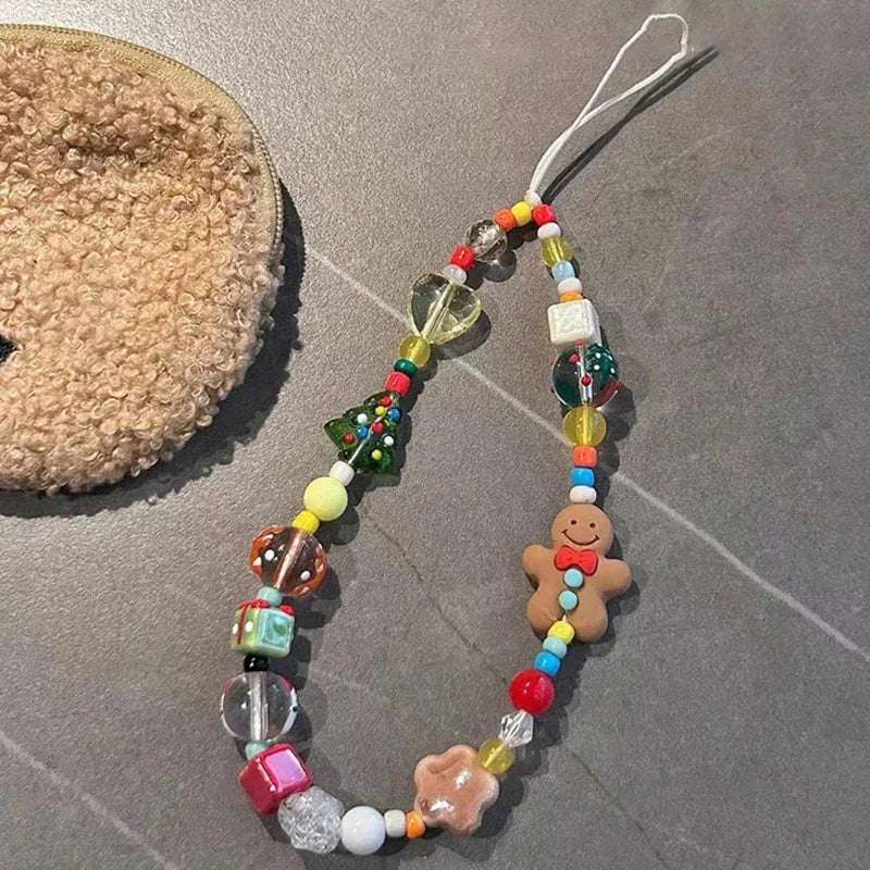 Korean Lovely 3D Christmas Gingerbread Man Beaded Phone Acrylic Pendant Keychain For IPhone Girl Anti-Lost Chain Hanging Jewelry - Ice Cream Cake