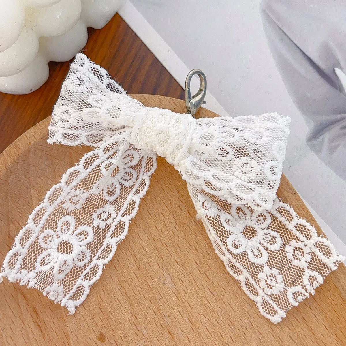 Lace and Faux Pearl Bow Clip-On Keychain Charm