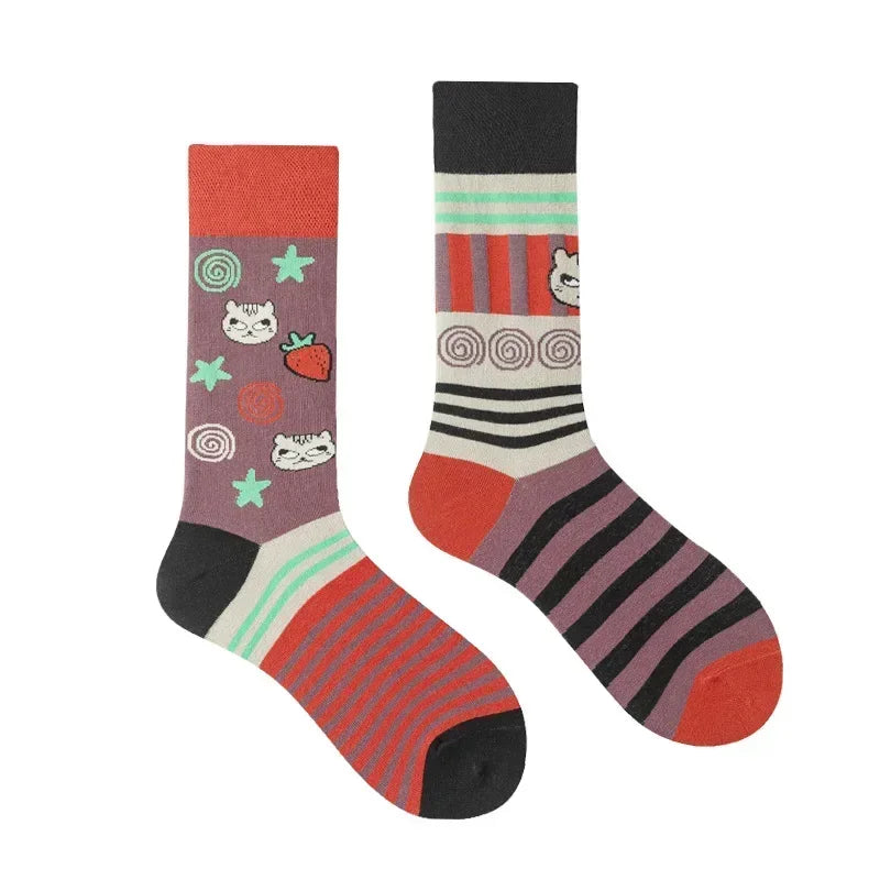 Colorful socks with patterns on a white background