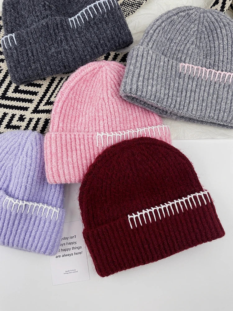 Contrast Border Ribbed Knit Beanie Hat