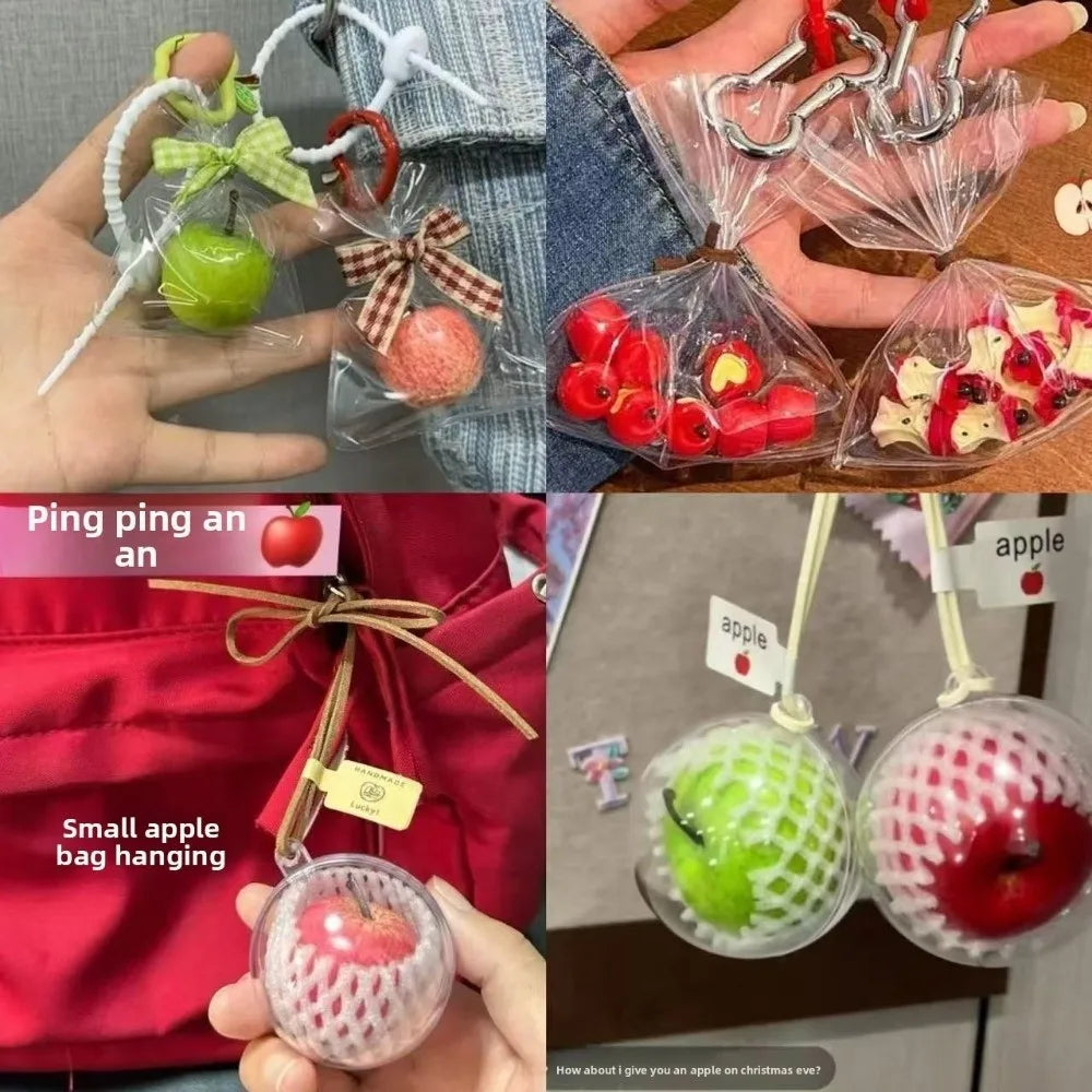 Collage of small apple-shaped bag hangings with various designs and labels.