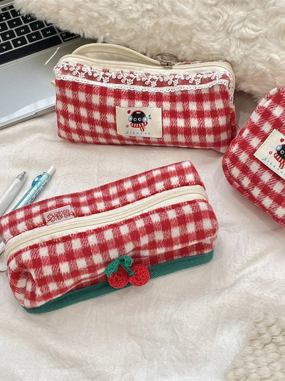 Winter Cat Gingham Zipper Pouch - Ice Cream Cake