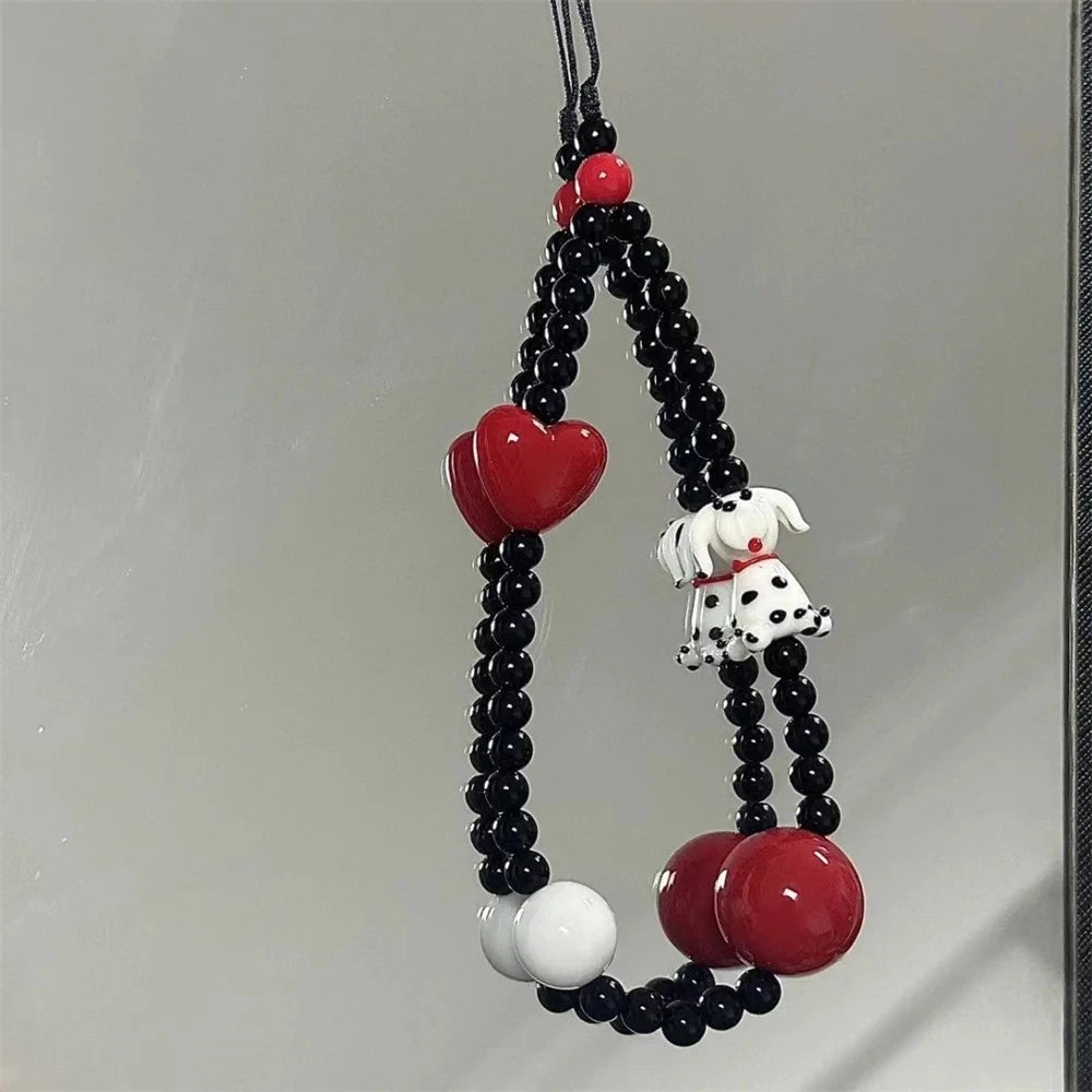 INS Korean Cute Spot Dog Love Heart Beaded Phone Charm Pendant For iPhone 16 Samsung Accessrioes Chain Lanyard Girl Hanging Rope - Ice Cream Cake