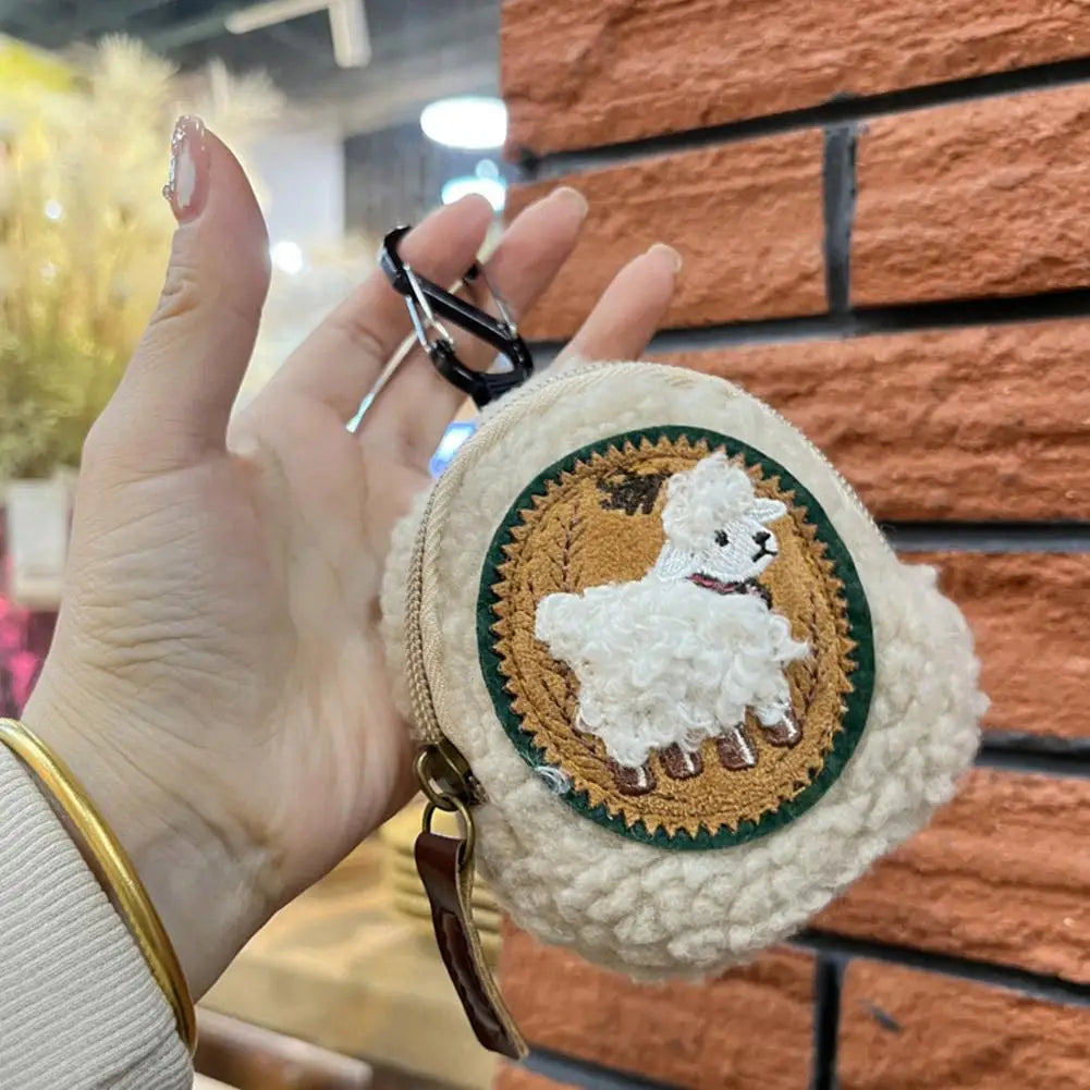 Embroidered Sheep Clip-On Sherpa Coin Purse