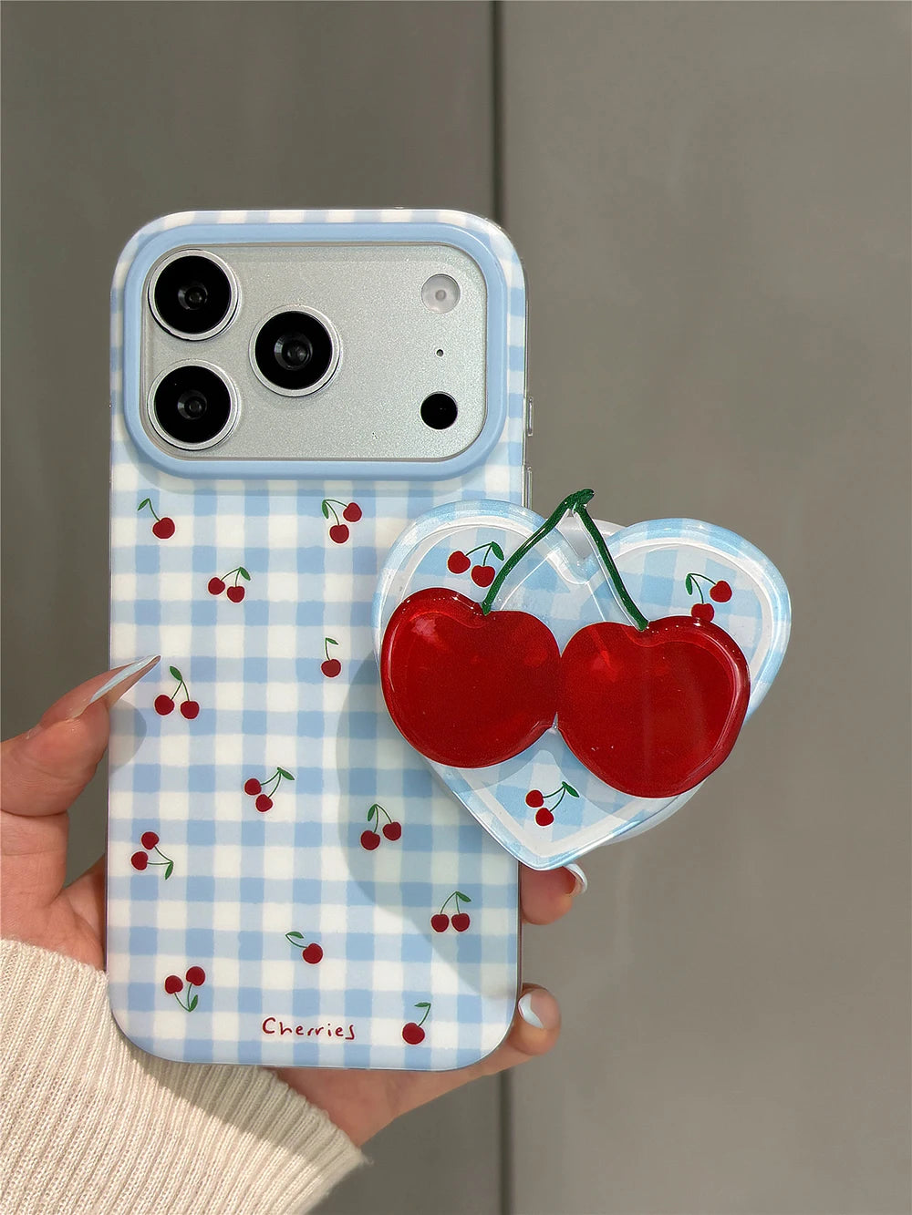 3D Cute Cherry Blue Grid Pattern Magnetic Grip Tok Phone Cases for iPhone 17pro 15 16 pro max Wireless Charge For Magsafe Cover - Ice Cream Cake