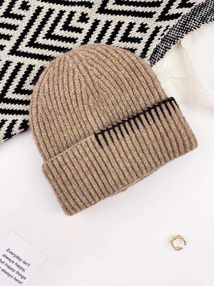 Contrast Border Ribbed Knit Beanie Hat