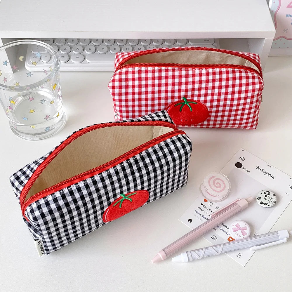 1pc Fashion Cartoon Tomato Plaid Pencil Case Student Stationery Large Capacity Desktop Storage Pen Bag Kids School Supplies - Ice Cream Cake