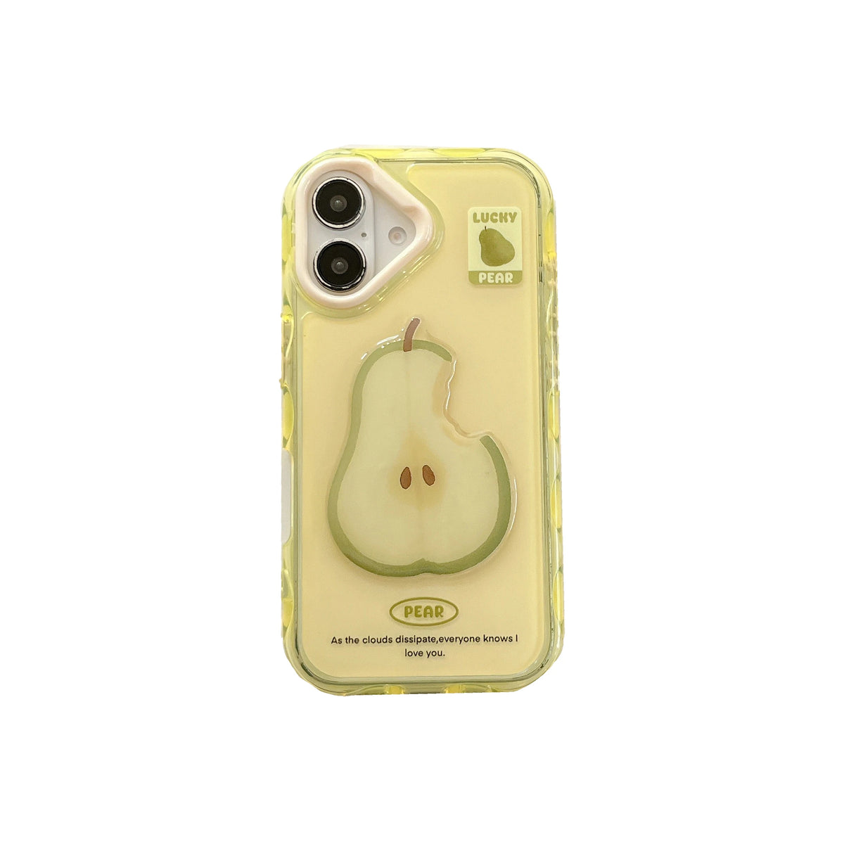 A translucent pale yellow phone case featuring a large 3D pear design in the center, with a small 'LUCKY PEAR' logo on the upper right and a circular 'PEAR' logo near the bottom.