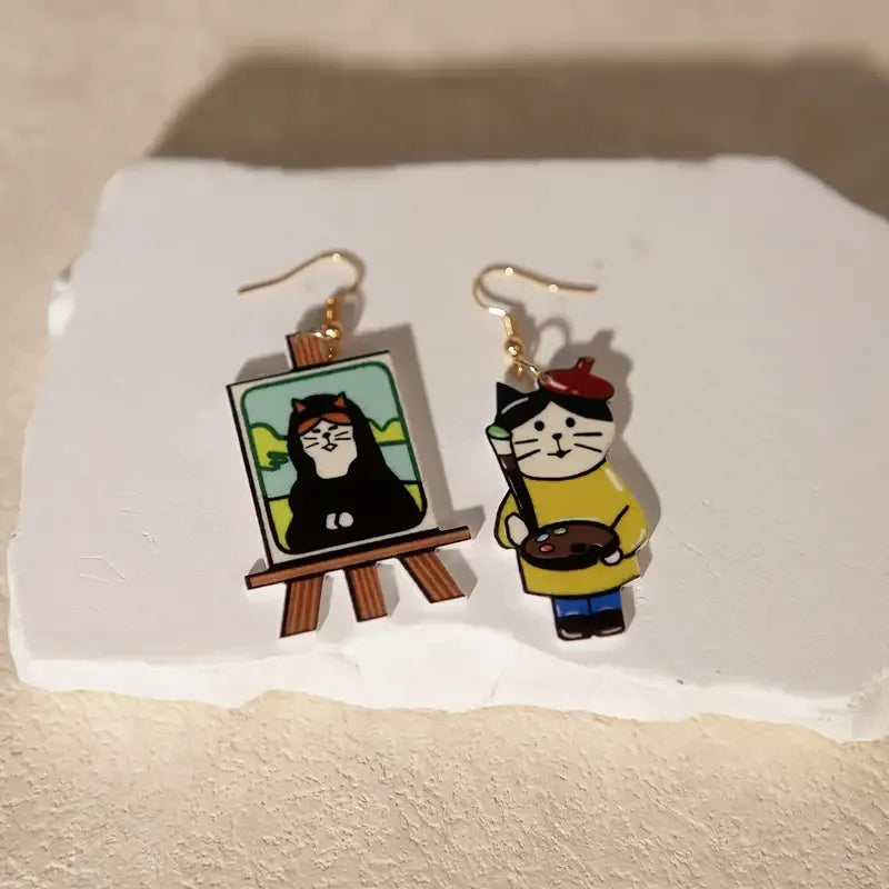 Cat Painter Dangly Earrings