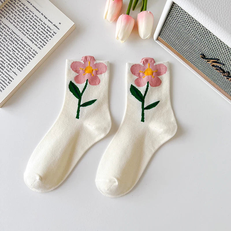 Women Socks Japanese Korean Style Cartoon Flower Rabbit Harajuku Cute Kawaii Mid Tube Breathable Casual Short Cotton Socks - Ice Cream Cake