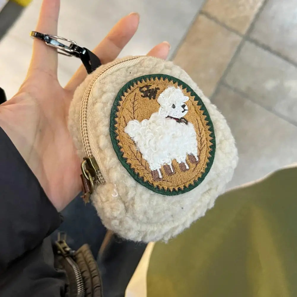 Embroidered Sheep Clip-On Sherpa Coin Purse