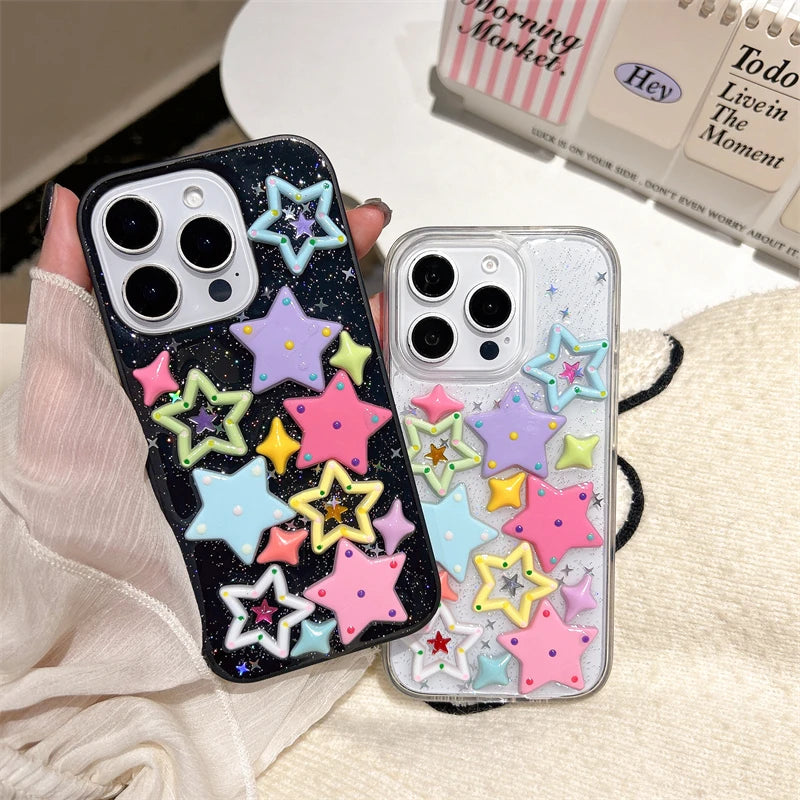 Bling 3D Dopamine Stars Phone Case for iPhone 16 15 14 13 Plus 12 Pro Max 11 Glitter Colorfur Transparent Cover Cases - Ice Cream Cake