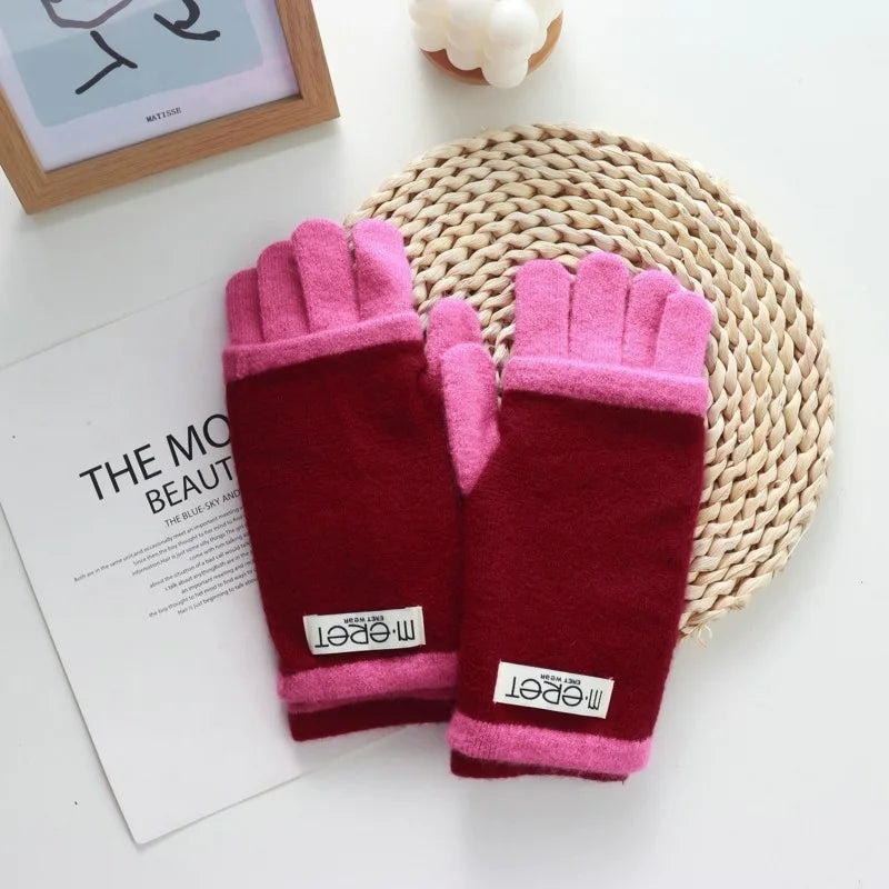 Thickened Leaky Finger Korean Style Ladies Dual-Use Color Matching Knitted Fashion Touch Screen Finger Knitting Wool Gloves - Ice Cream Cake