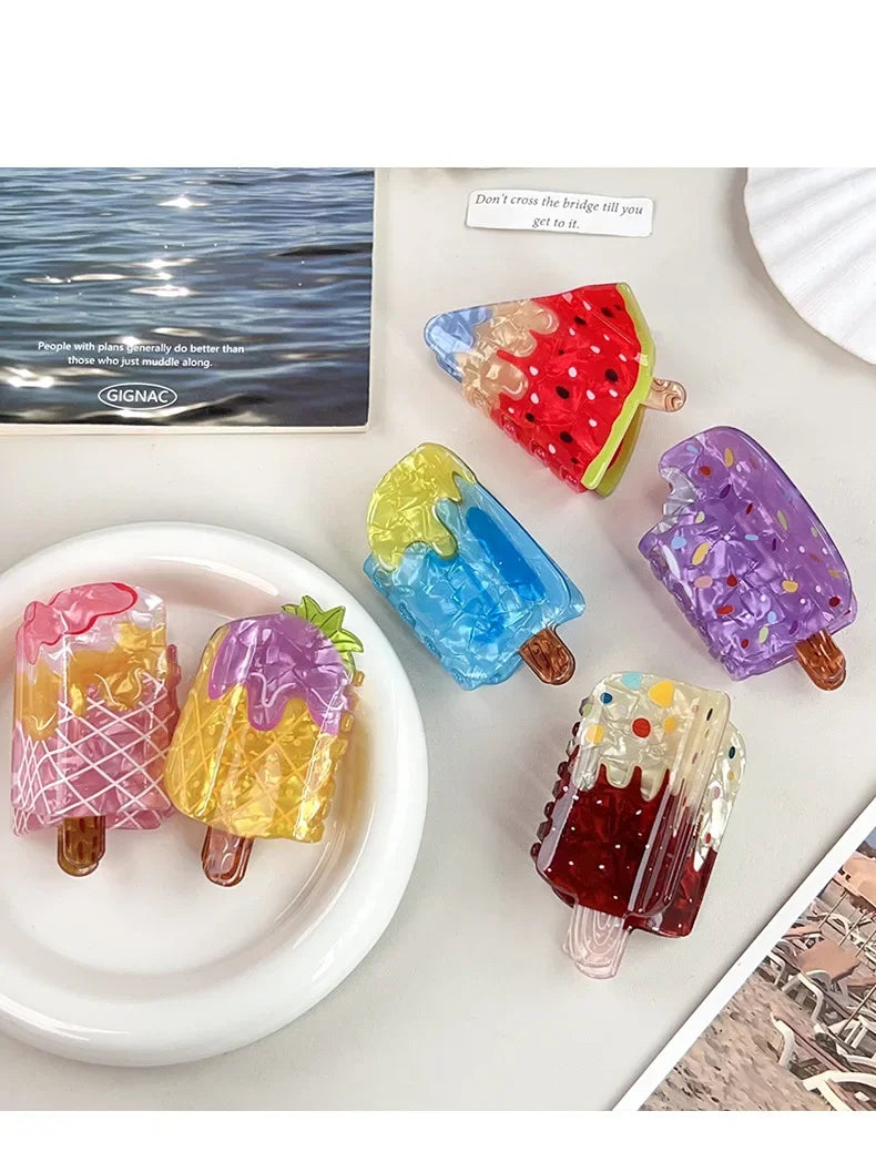 Creative Vacation Watermelon Ice Cream Hair Clip Summer Cartoon Chocolate Ice Cream Shark Clip Half-up Hair Accessory for Women - Ice Cream Cake