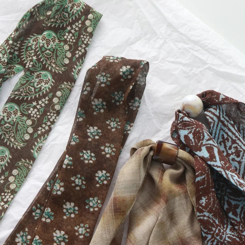 Retro Maillard Brown Floral Scarf Fashionable Old Money Style Light Luxury High-Grade Temperament Small Square Towel Lazy Scarf - Ice Cream Cake