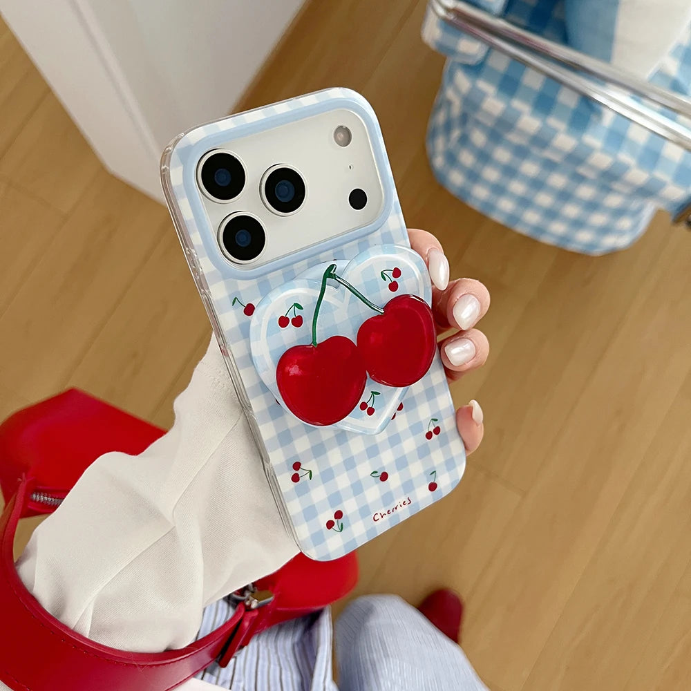 3D Cute Cherry Blue Grid Pattern Magnetic Grip Tok Phone Cases for iPhone 17pro 15 16 pro max Wireless Charge For Magsafe Cover - Ice Cream Cake