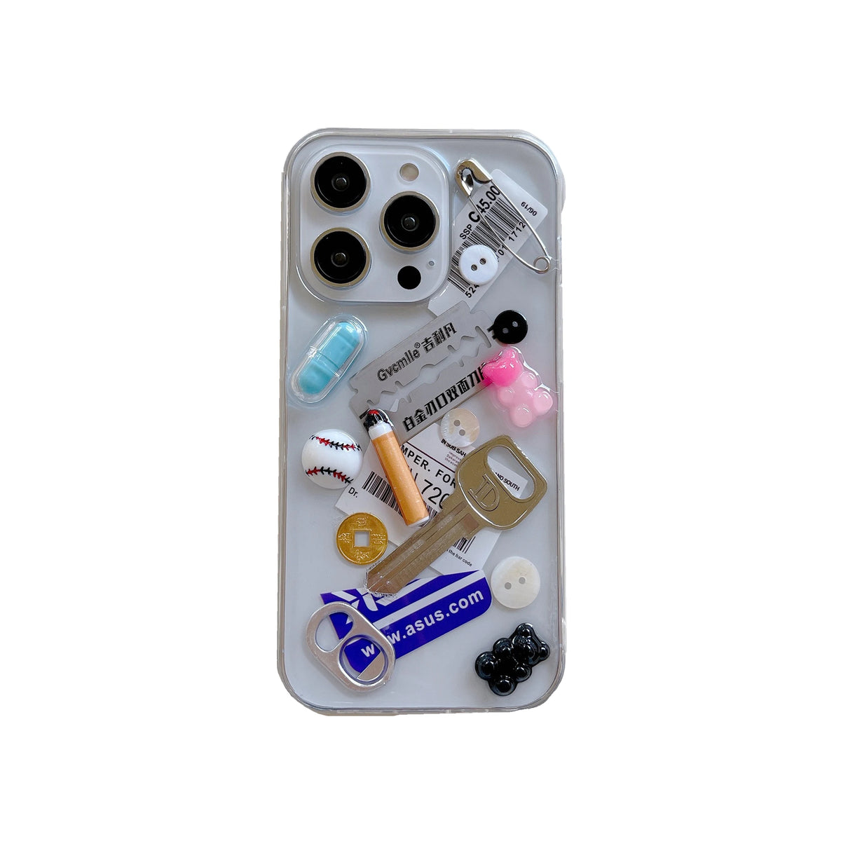 Phone case with various charms on a white background