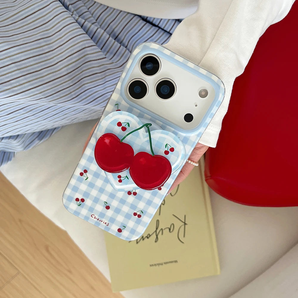 3D Cute Cherry Blue Grid Pattern Magnetic Grip Tok Phone Cases for iPhone 17pro 15 16 pro max Wireless Charge For Magsafe Cover - Ice Cream Cake