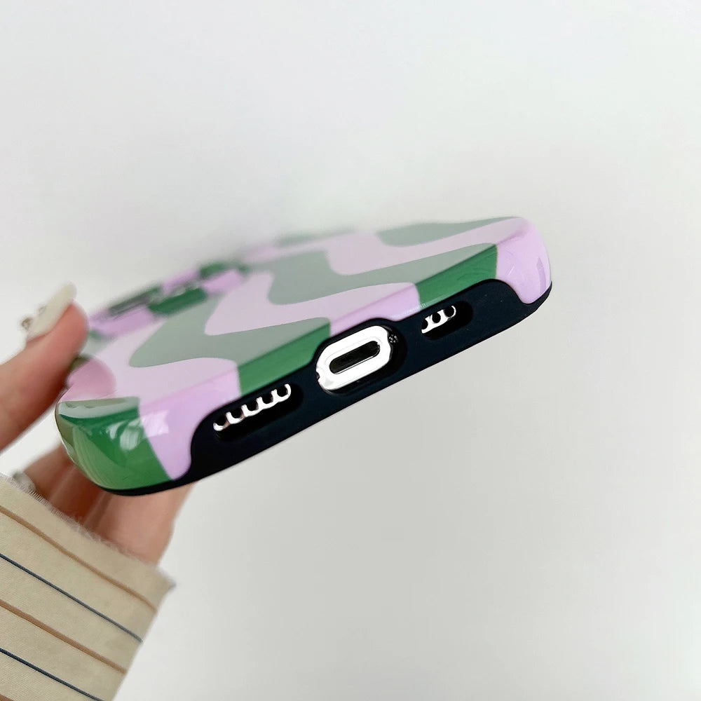 Fashion 2 in 1 Glossy Stripes Phone Case for iPhone 13 14 15 16 17 Pro Max Wave Edges Comfortable Touch Hard Slim Back Cover - Ice Cream Cake