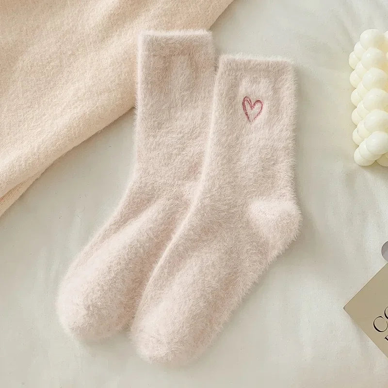 Fuzzy Heart Embroidery Crew Socks