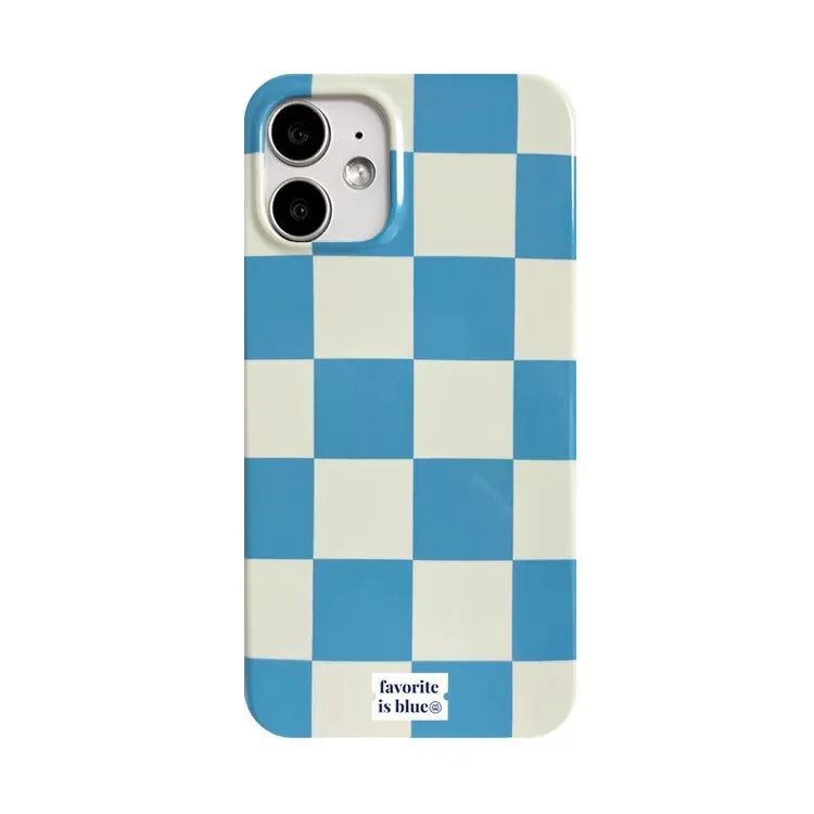 A phone case featuring a blue and off-white checkerboard pattern, shown on a plain white background. The brand name 'favorite is blue' is printed on a small white label at the bottom.