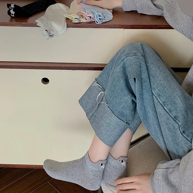 Spring Summer Thin Women Short Socks Polka Dots Cute Cartoon Sausage Dog Embroidery Boat Socks Pure Cotton Short Trendy Socks - Ice Cream Cake