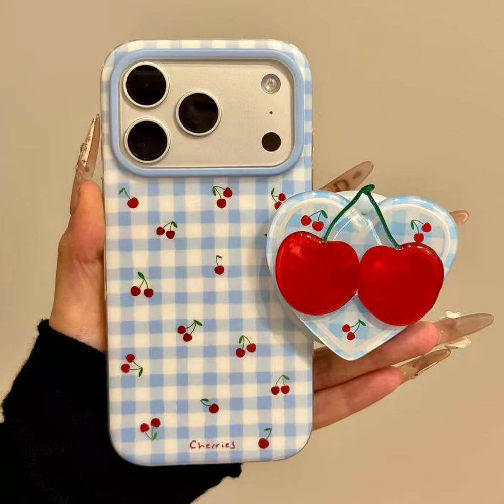3D Cute Cherry Blue Grid Pattern Magnetic Grip Tok Phone Cases for iPhone 17pro 15 16 pro max Wireless Charge For Magsafe Cover - Ice Cream Cake