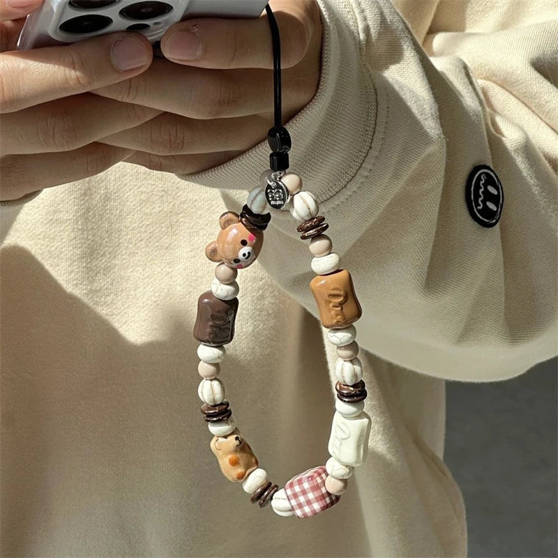 Chocolate Cookie Teddy Bear Beaded Wrist Strap